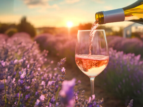 Bei Sonnenuntergang wird im Freien ein Glas Roséwein eingeschenkt, umgeben von einem Feld blühender Lavendelblüten und mit dem warmen Sonnenlicht im Hintergrund.