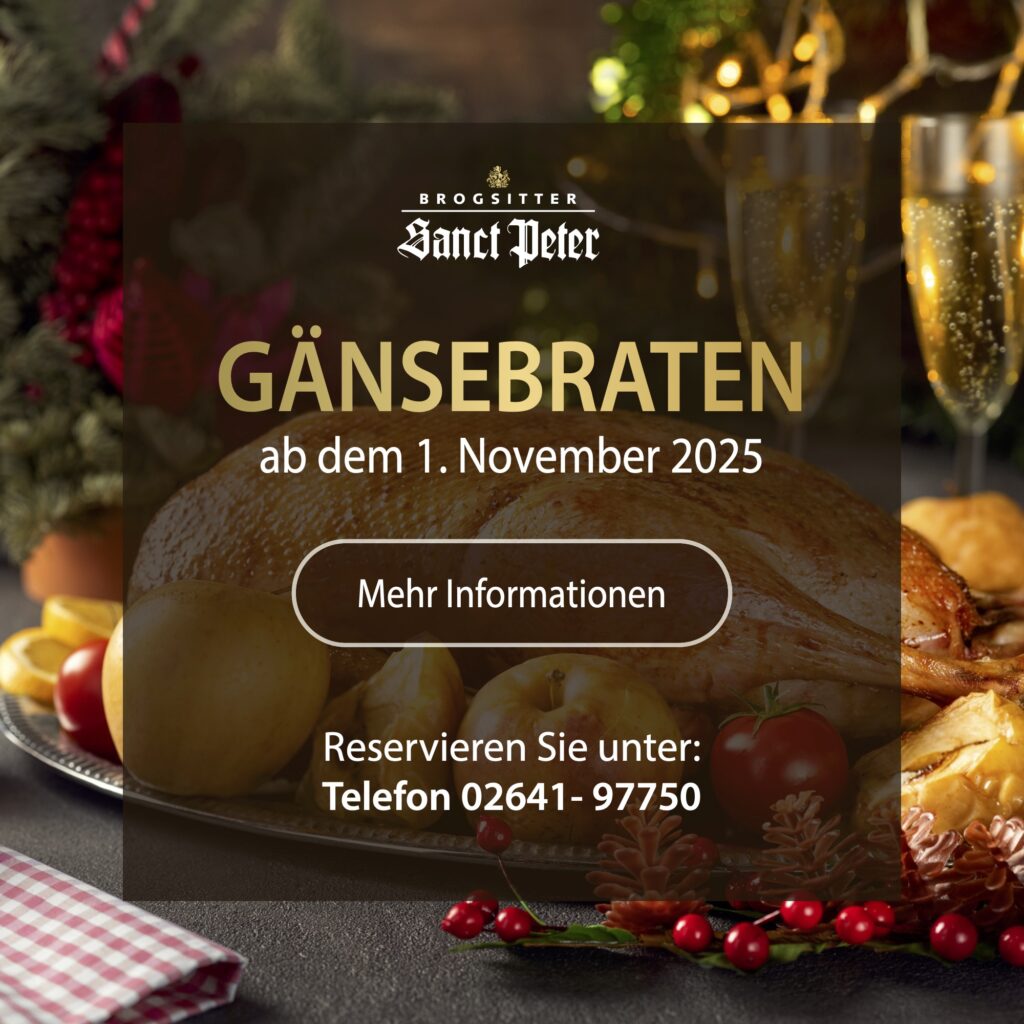 Werbung für das Gänsebratenessen mit festlicher Dekoration und Kontaktinformationen für die Reservierung.
