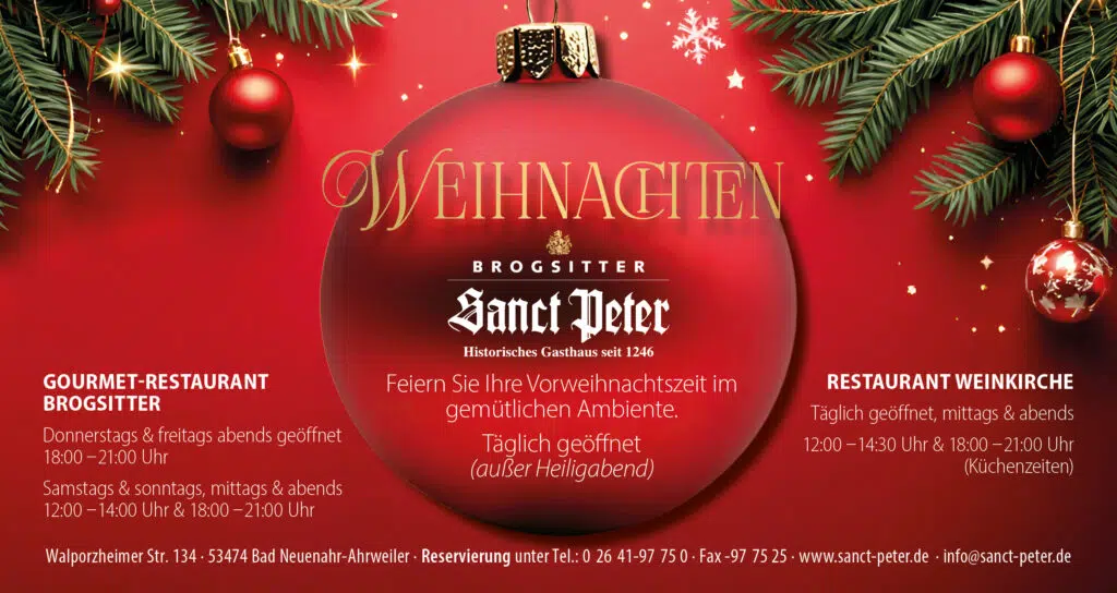 Werbung für die vorweihnachtliche Zeit mit festlicher Dekoration und Kontaktinformationen für die Reservierung.