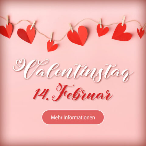 Rote Papierherzen an einer Schnur mit Valentinstag 14. Februar Text auf rosa Hintergrund.